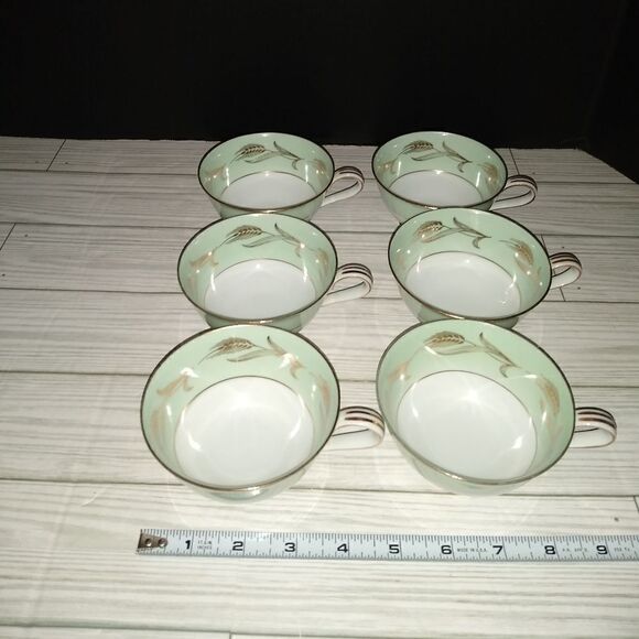 Noritake China 5267 Alice Tea Cups Set Of 6 Wide Green Border Gold Wheat Print - Picture 9 of 9